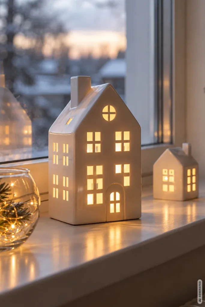 Moderne Weihnachtsdeko für die Fensterbank: 5 Ideen, die wenig Platz brauchen Moderne Weihnachtsdeko mit beleuchteten weißen Keramikhäusern und warmweißer Lichterkette auf der Fensterbank.