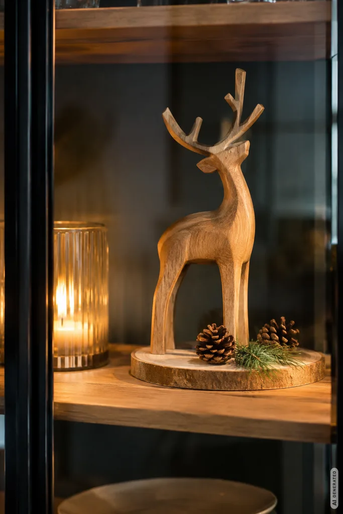 Moderne Weihnachtsdeko für die Vitrine: 5 Ideen, die alles andere als gewöhnlich sind Holz-Hirsch auf einer Baumscheibe mit Tannenzapfen und Kerzenlicht in einer modern weihnachtlich dekorierten Glasvitrine.