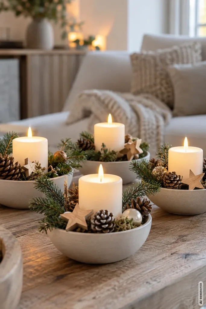 Ungewöhnlicher Adventskranz aus vier Keramikschalen mit Kerzen, Tannengrün, Holzsternen und Zapfen auf einem Couchtisch.
