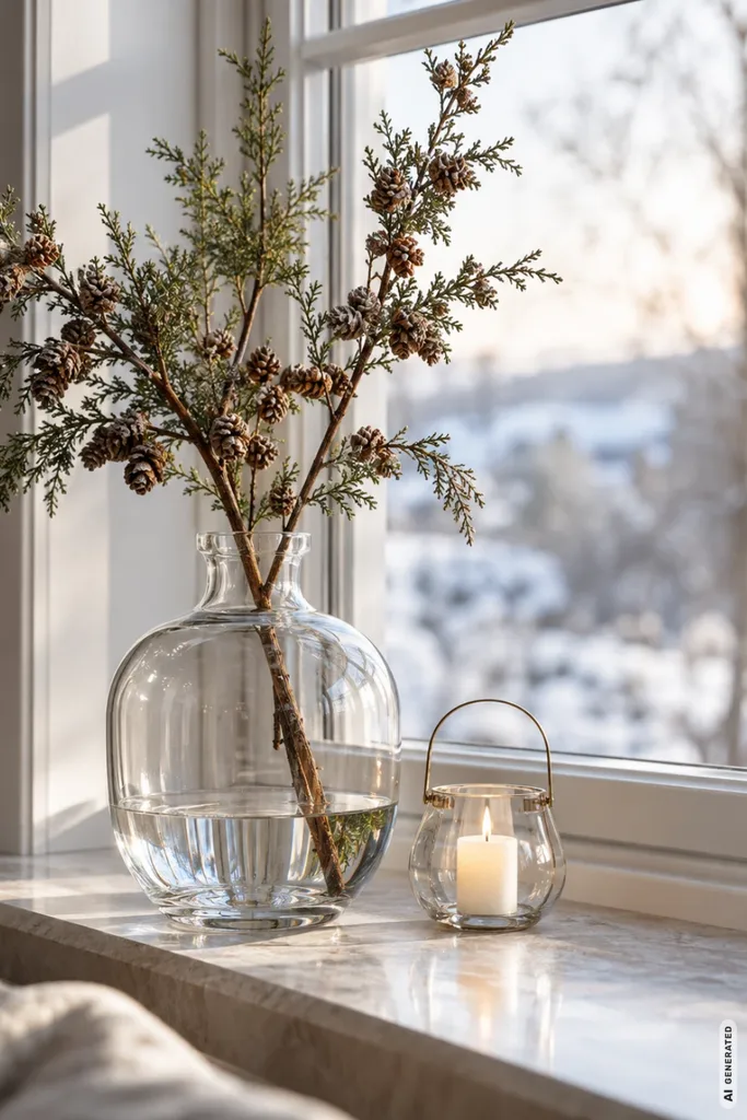 Moderne Weihnachtsdeko für die Fensterbank: 5 Ideen, die wenig Platz brauchen Moderne Weihnachtsdeko mit transparenter Glasvase, winterlichen Zweigen und einer kleinen Glaslaterne am Fenster.