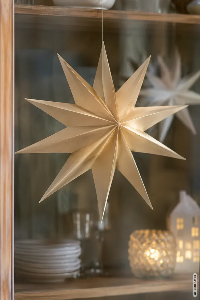 Moderne Weihnachtsdeko für die Vitrine: 5 Ideen, die alles andere als gewöhnlich sind Großer beigefarbener Papierstern hängt in einer weihnachtlich dekorierten Holzvitrine mit Geschirr und sanftem Licht.