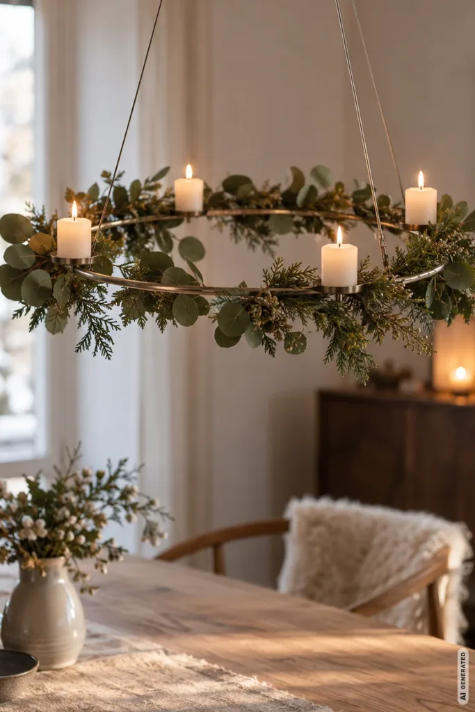 Ungewöhnlicher hängender Adventskranz aus einem Metallring mit vier Kerzen, Eukalyptus und Tannengrün über dem Esstisch.