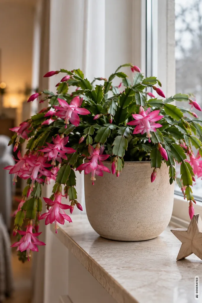 Moderne Weihnachtsdeko für die Fensterbank: 5 Ideen, die wenig Platz brauchen Rosa blühender Weihnachtskaktus im beigen Keramiktopf mit kleinem Holzstern auf einer hellen Fensterbank.