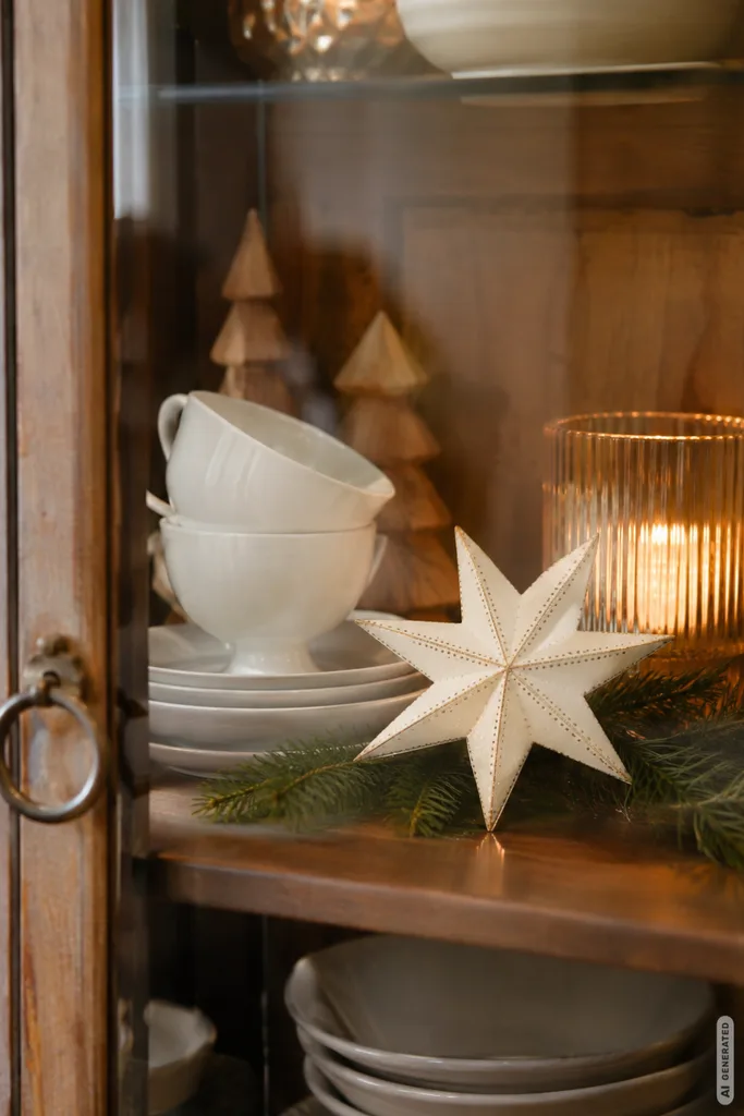 Moderne Weihnachtsdeko für die Vitrine: 5 Ideen, die alles andere als gewöhnlich sind Schwebende Papiersterne als moderne Weihnachtsdeko in einer Glasvitrine mit schlichtem Geschirr und winterlichen Akzenten.