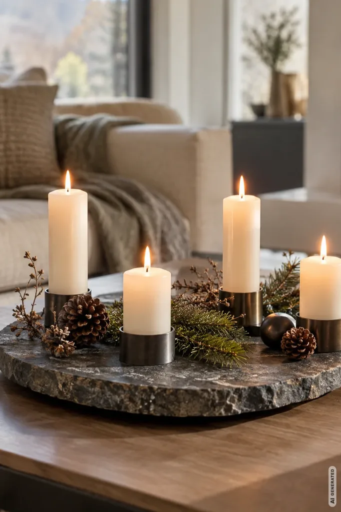 Ungewöhnlicher Adventskranz auf einer dunklen Steinplatte mit vier weißen Kerzen, Metallhaltern und natürlicher Weihnachtsdeko.