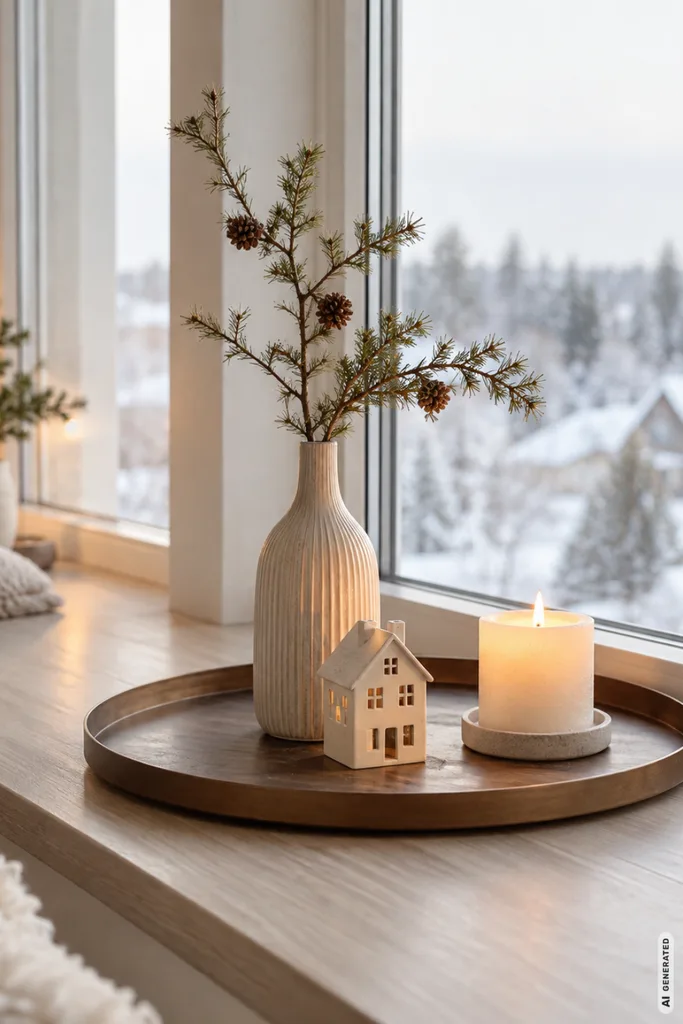 Moderne Weihnachtsdeko für die Fensterbank: 5 Ideen, die wenig Platz brauchen Moderne Weihnachtsdeko auf einem runden Tablett mit Keramikvase, Tannenzweigen, weißem Häuschen und Kerze.
