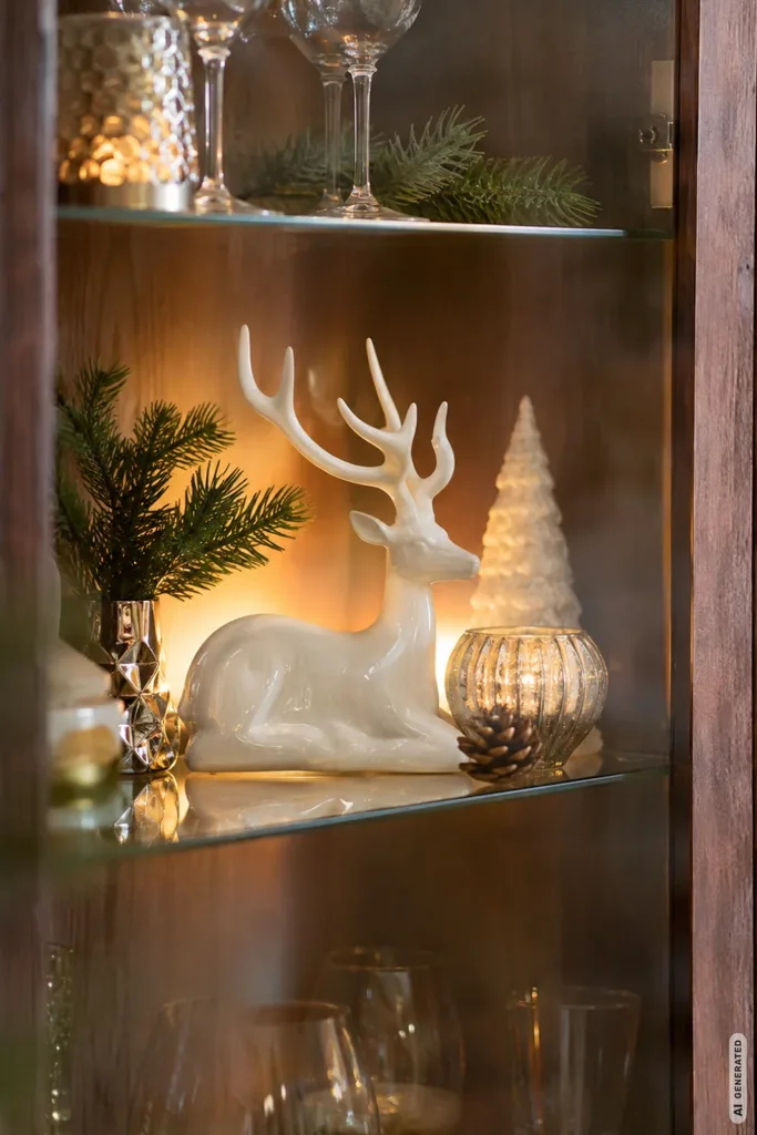 Moderne Weihnachtsdeko für die Vitrine: 5 Ideen, die alles andere als gewöhnlich sind Moderne Weihnachtsdeko in einer Glasvitrine mit weißem Hirsch, Tannenzweigen und warmer indirekter LED-Beleuchtung.