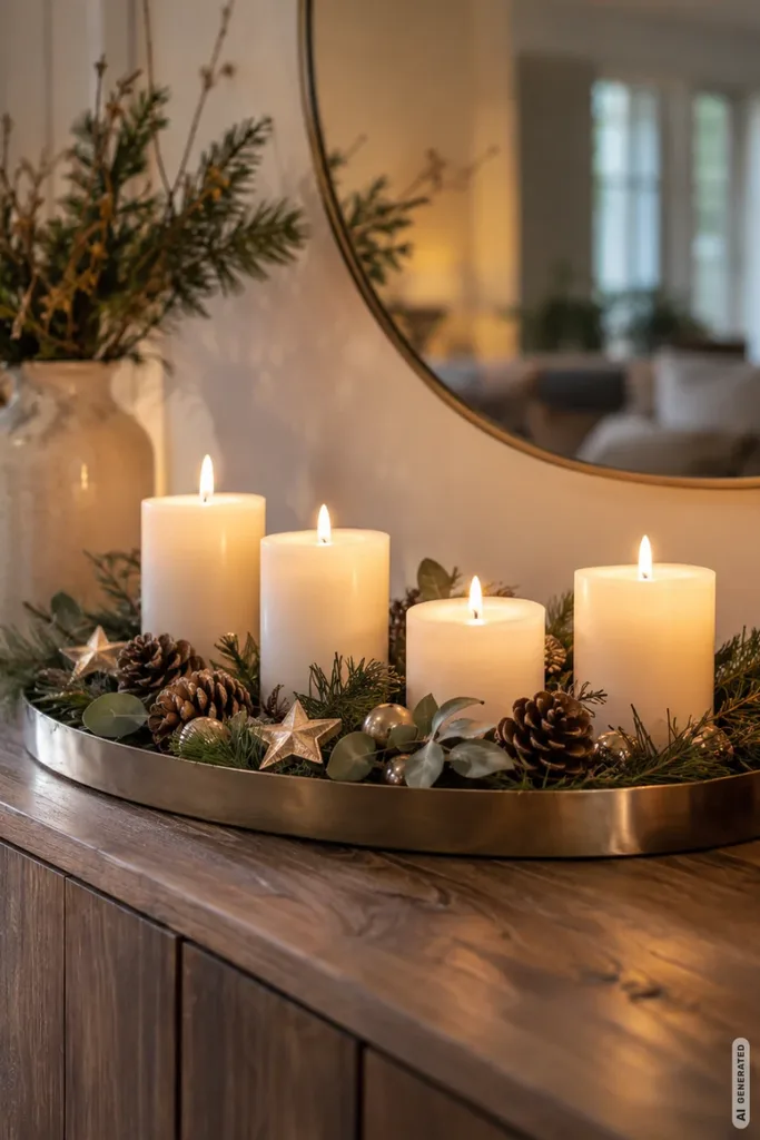 Ungewöhnlicher Adventskranz auf einem Metalltablett mit vier Kerzen, Tannengrün, Zapfen und Weihnachtssternen auf dem Sideboard.