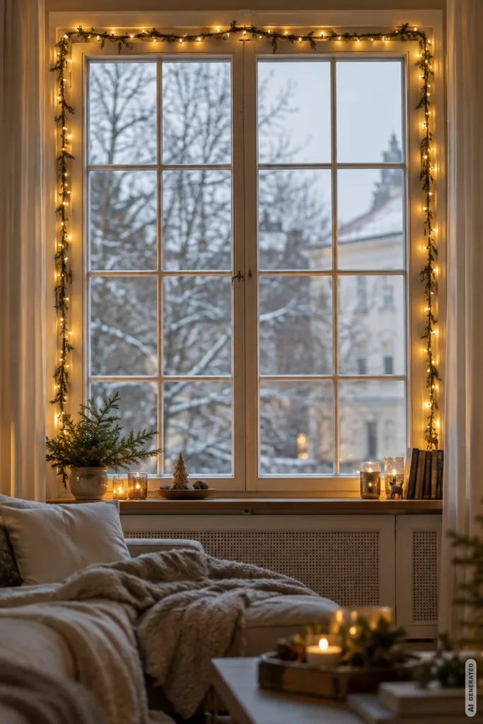 Wohnzimmerfenster mit warmweißer Lichterkette entlang des Rahmens und gemütlicher Weihnachtsdekoration.