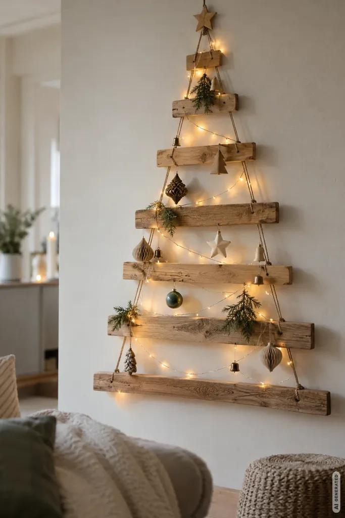 Weihnachtsbaum mal anders: Kreative Alternative aus Holzleisten mit Lichterkette und Weihnachtsschmuck an der Wand.