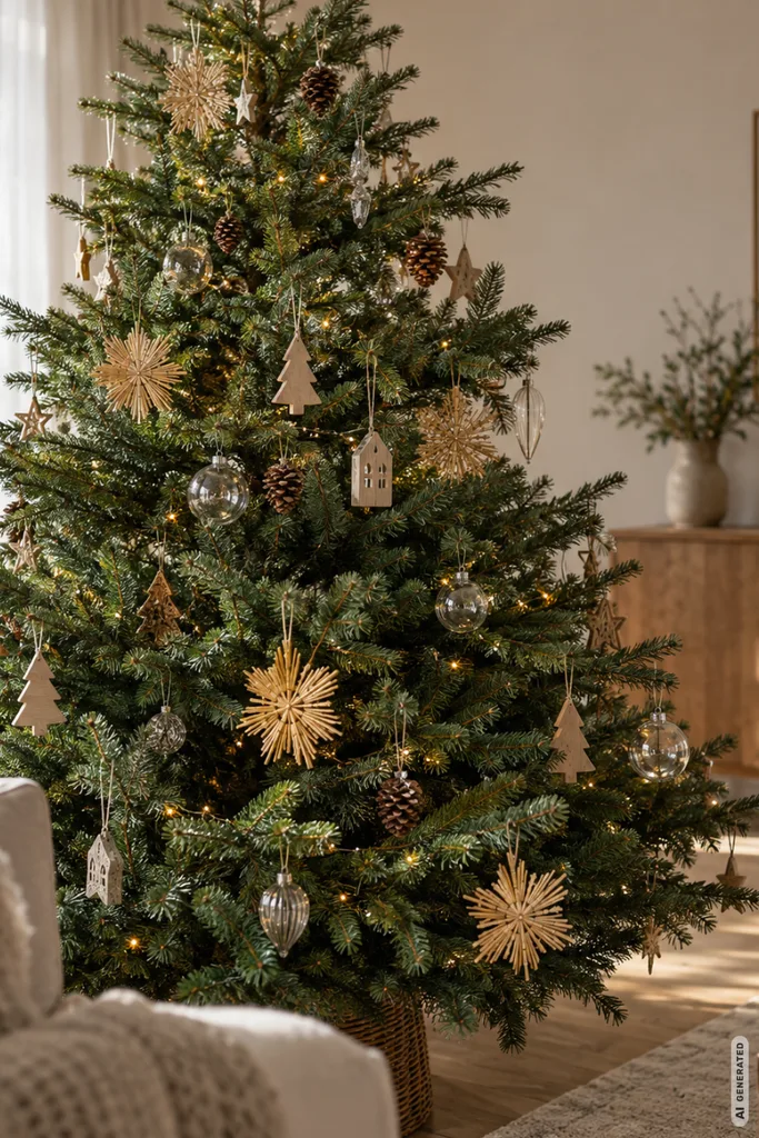 Weihnachtsbaum mit Holzanhängern, Strohsternen, Tannenzapfen und warmweißen Lichtern im gemütlichen Wohnzimmer.