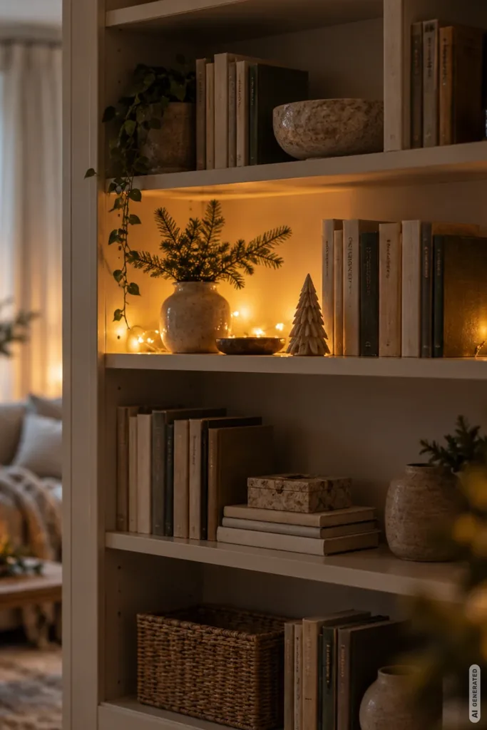 Bücherregal mit warmweißer Lichterkette, Keramikvase, Tannenzweigen und dezenter Weihnachtsdekoration.