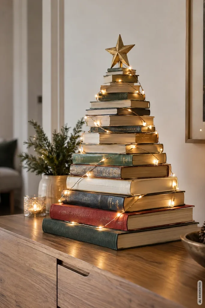 Weihnachtsbaum mal anders: Gestapelte Bücher als kreative Weihnachtsbaum-Alternative mit Stern und warmer Lichterkette.