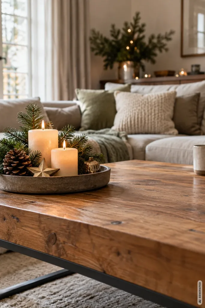 Weihnachtsdeko für den Couchtisch mit Kerzen, Tannengrün und freier Ablagefläche im gemütlichen Wohnzimmer.