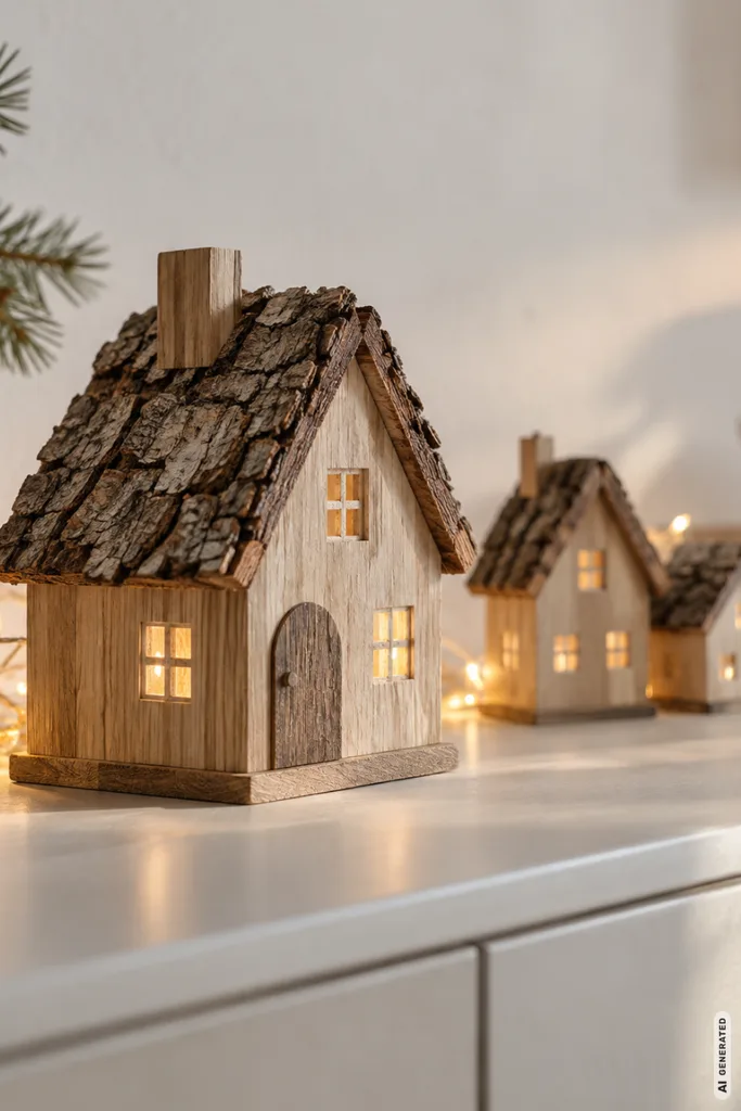 Drei weihnachtliche Holzhäuser mit Dächern aus Baumrinde und warm leuchtenden Fenstern auf einem Sideboard.