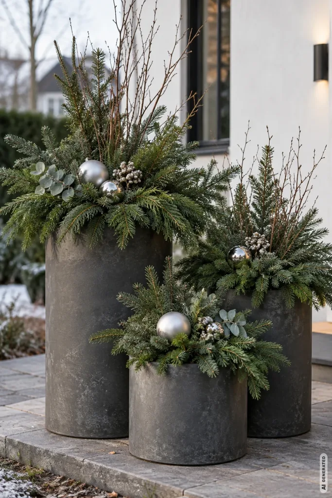 Moderne Weihnachtsdeko für den Vorgarten: 5 Ideen, die du nicht überall siehst Moderne Weihnachtsdeko für den Vorgarten mit drei anthrazitfarbenen Pflanzkübeln, Tannengrün und silbernen Kugeln.