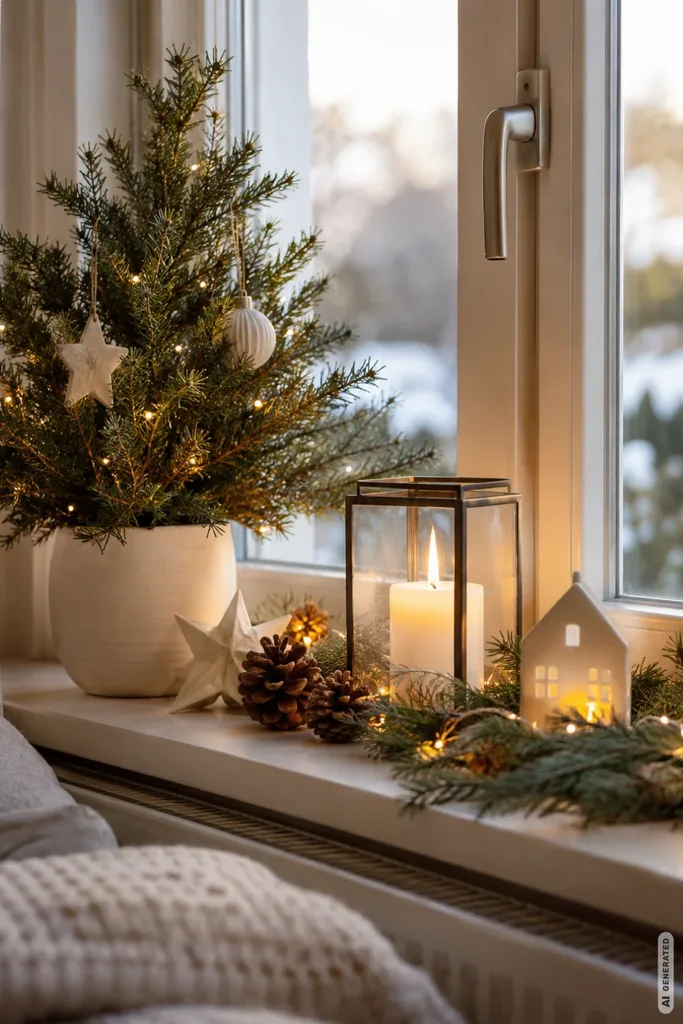 Weihnachtsdeko für die Fensterbank: 5 Ideen, die den Blick nach draußen nicht stören Weihnachtsdeko für die Fensterbank mit Tannengrün, Lichtern und winterlicher Dekoration.