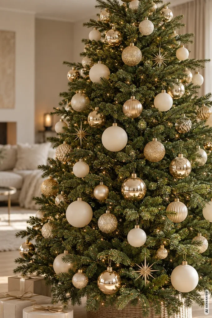 Moderner Weihnachtsbaum mit cremeweißen und goldenen Kugeln, warmen Lichterketten und Geschenken im Wohnzimmer.