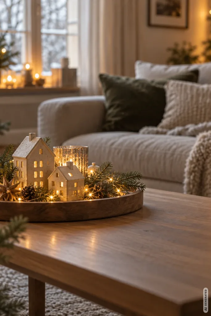 Weihnachtlich dekorierter Couchtisch mit Holztablett, Keramikhäusern, Tannenzweigen und warmweißer Lichterkette.
