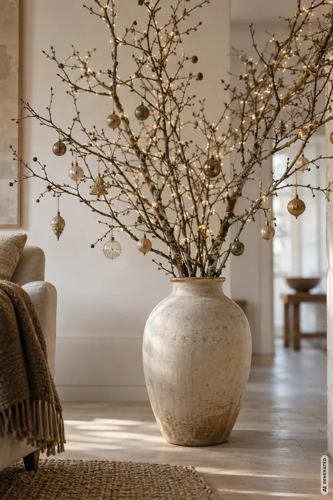 Weihnachtsbaum mal anders: Große Bodenvase mit dekorierten Ästen, Weihnachtskugeln und warmweißer Lichterkette.