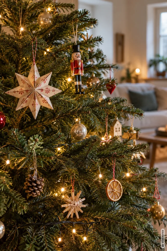 Weihnachtsbaum mit Papierstern, Nussknacker, roten Kugeln, getrockneter Orangenscheibe und warmweißen Lichtern.