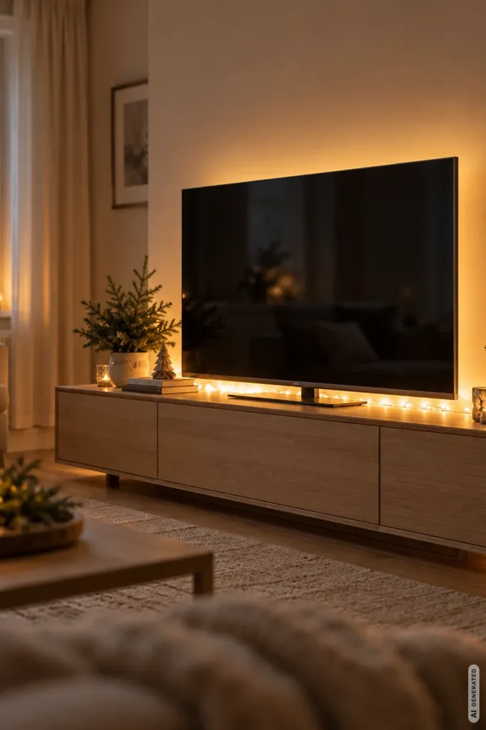 Modernes TV-Möbel aus Holz mit warmweißer Lichterkette und indirekter Beleuchtung hinter dem Fernseher.