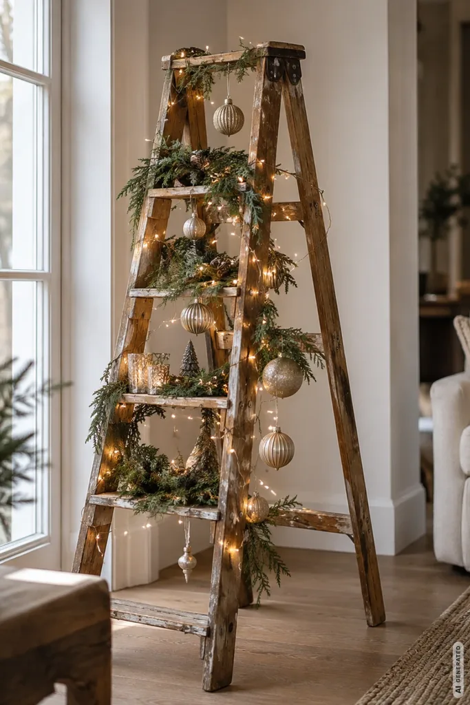 Weihnachtsbaum mal anders: Alte Holzleiter als kreative Alternative mit Tannengrün, Weihnachtskugeln und Lichterkette.