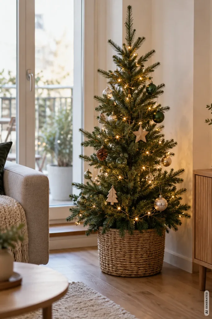 Kleiner, schmaler Weihnachtsbaum im geflochtenen Korb mit Lichterkette und dezentem Schmuck neben dem Sofa.