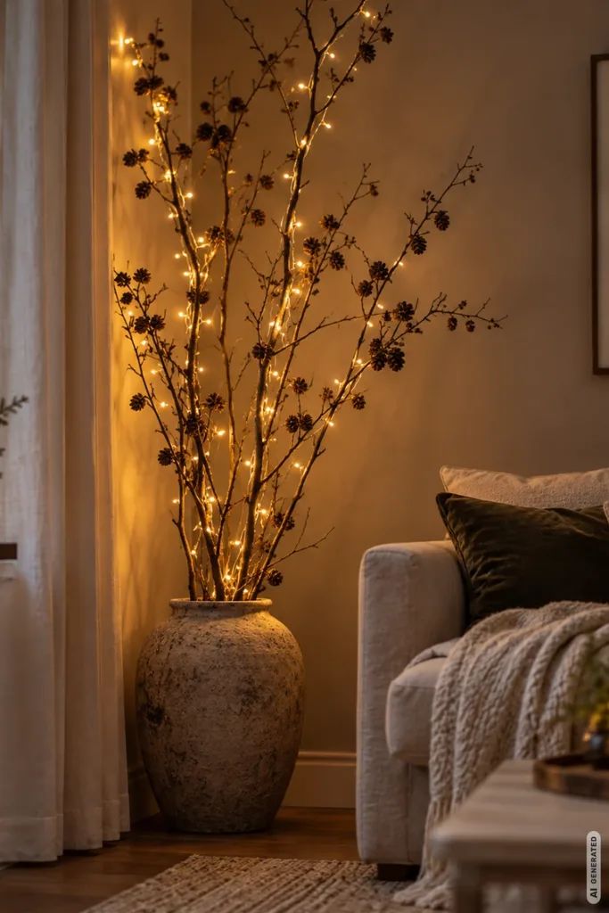 Große Bodenvase mit dekorativen Zweigen und warmweißer Lichterkette neben einem gemütlichen Sofa.