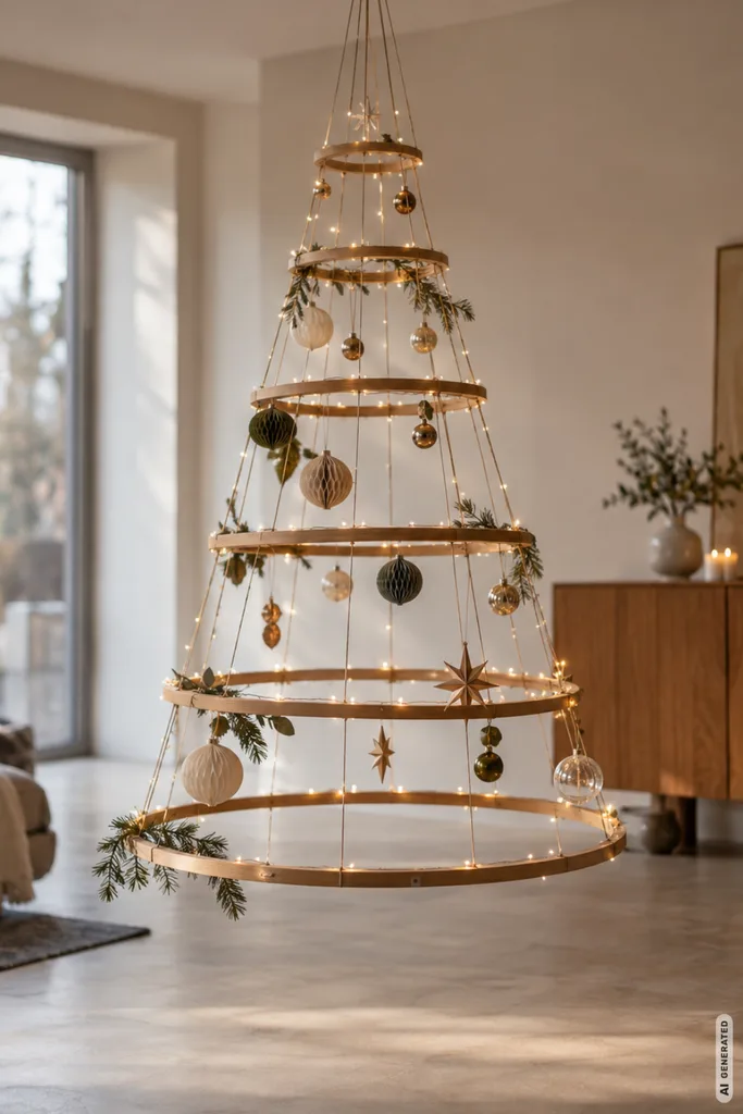 Weihnachtsbaum mal anders: Schwebende Holzreifen als kreative Alternative mit Weihnachtskugeln und warmen Lichtern.