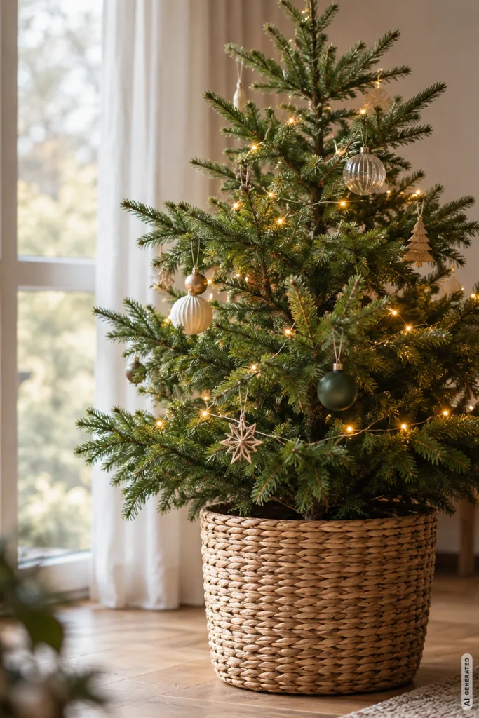 Kleiner Weihnachtsbaum im geflochtenen Korb mit dezenten Weihnachtskugeln und warmweißen Lichtern vor einem Fenster.