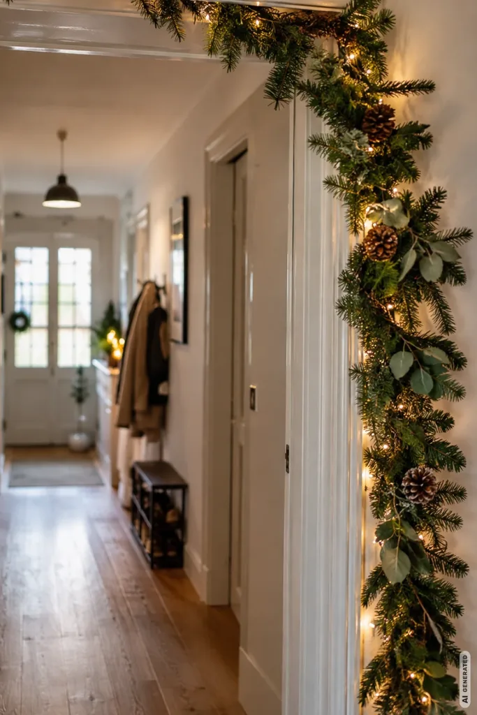 Weihnachtsdeko für schmale Flure: 5 Ideen, die kaum Platz brauchen Schmaler Flur mit weihnachtlich dekoriertem Türrahmen, Tannengirlande, Zapfen und warmweißen Lichterketten.