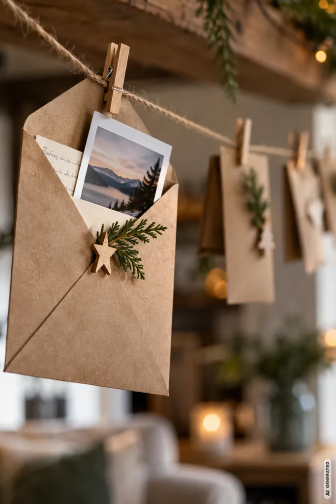 Adventskalender ohne Geschenke mit persönlichen Erinnerungen, Fotos und Briefumschlägen an einer Schnur.