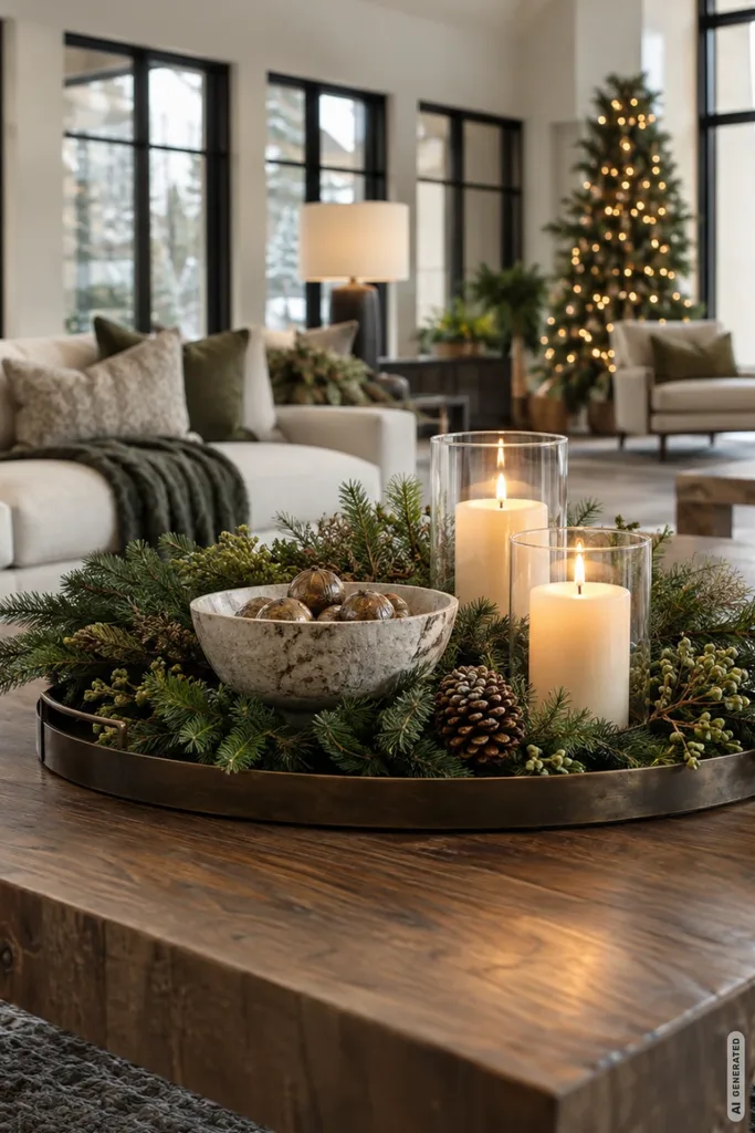 Weihnachtsdeko für große Wohnzimmer: 5 Ideen, die weite Räume gemütlich machen Großes Weihnachtstablett mit Tannengrün, Kerzen und Schale auf einem Holztisch im geräumigen Wohnzimmer.