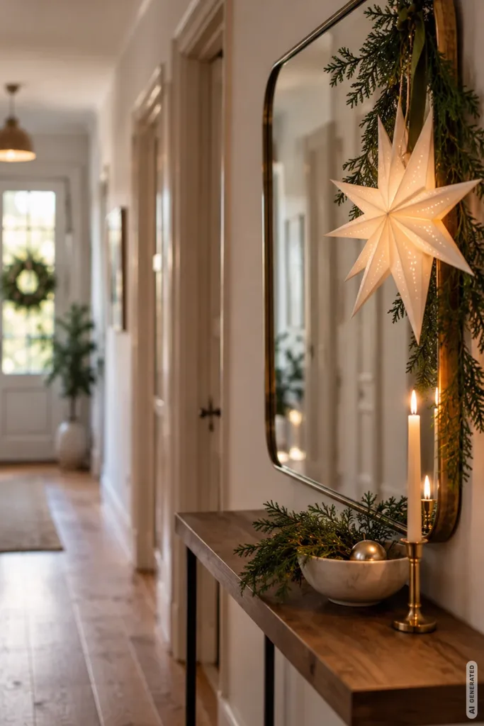 Weihnachtsdeko für schmale Flure: 5 Ideen, die kaum Platz brauchen Weihnachtlich dekorierter Spiegel im schmalen Flur mit leuchtendem Papierstern, Tannenzweigen und Holzkonsole.