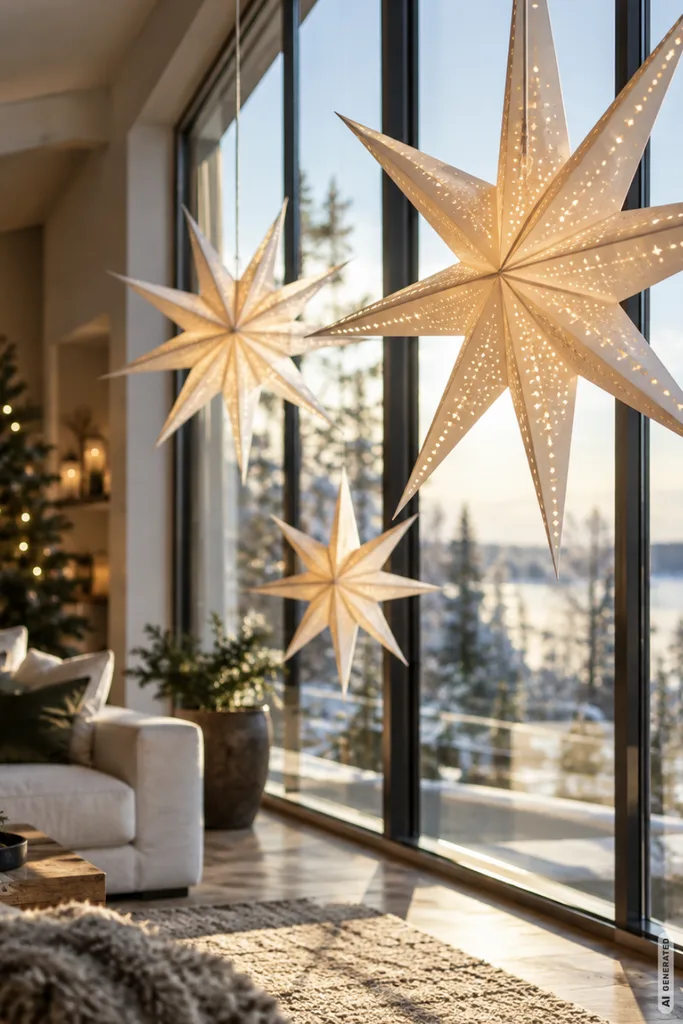 Weihnachtsdeko für große Wohnzimmer: 5 Ideen, die weite Räume gemütlich machen Drei beleuchtete Papiersterne hängen vor einer großen Fensterfront in einem weihnachtlich dekorierten Wohnzimmer.