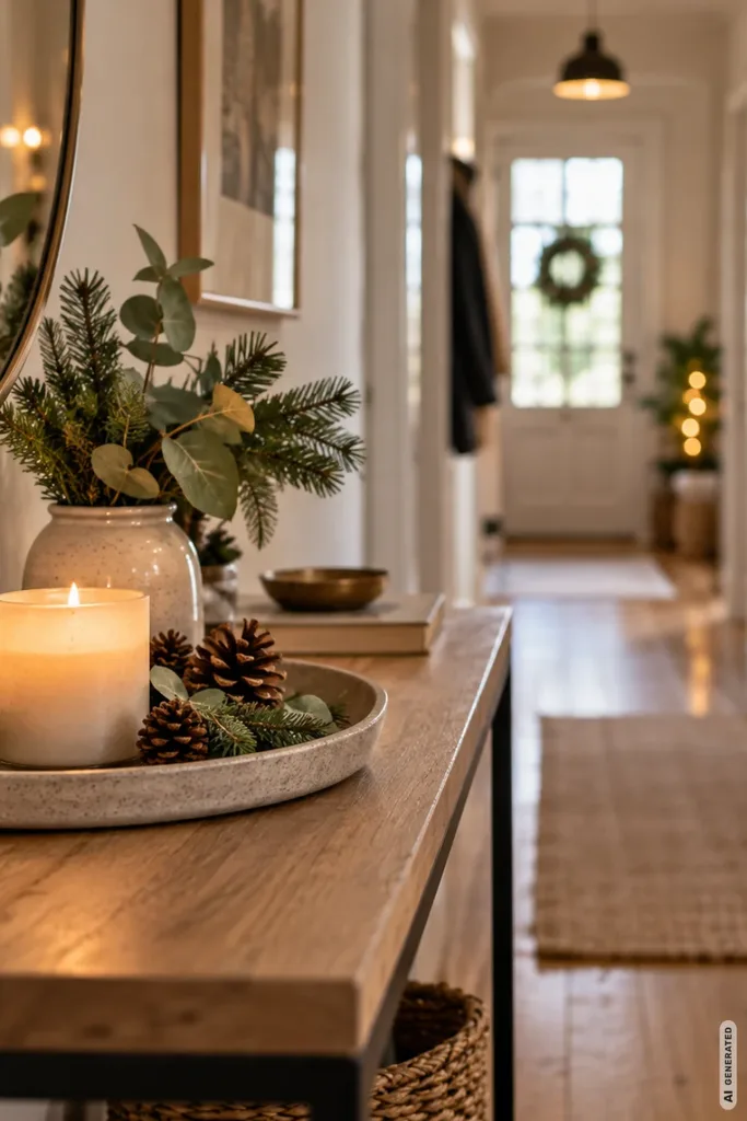 Weihnachtsdeko für schmale Flure: 5 Ideen, die kaum Platz brauchen Schmale Holzkonsole im Flur mit weihnachtlichem Dekotablett aus Kerze, Tannenzweigen und Kiefernzapfen.