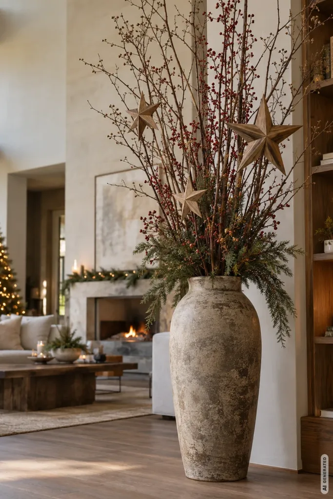Weihnachtsdeko für große Wohnzimmer: 5 Ideen, die weite Räume gemütlich machen Große Bodenvase mit hohen Zweigen, roten Beeren und Holzsternen vor einer hellen Wand im Wohnzimmer.