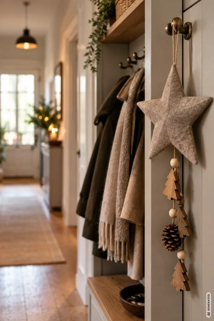 Weihnachtsdeko für schmale Flure: 5 Ideen, die kaum Platz brauchen Schmale Flurgarderobe mit beigem Filzstern, hängenden Holzanhängern und Winterjacken in natürlichen Farben.