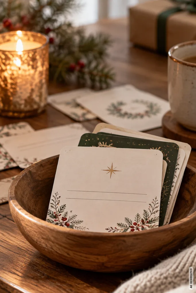 Adventskalender ohne Geschenke mit persönlichen Fragen auf Weihnachtskarten in einer Holzschale.