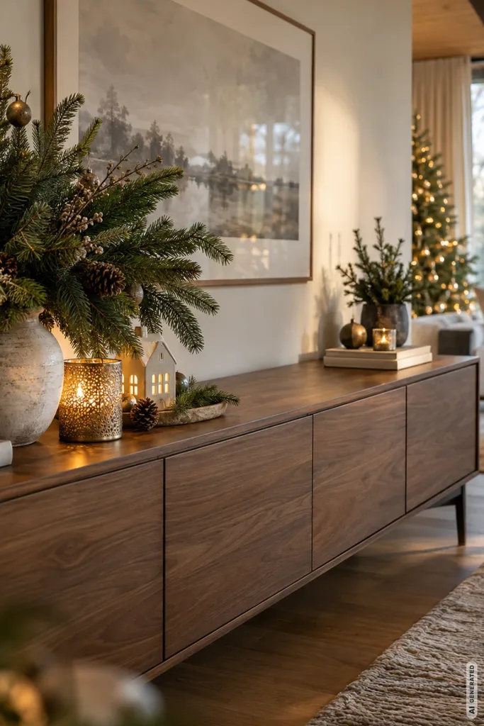 Weihnachtsdeko für große Wohnzimmer: 5 Ideen, die weite Räume gemütlich machen Langes Holzsideboard mit Tannenzweigen, Keramikhaus, Kerzen und dezent verteilter Weihnachtsdekoration.