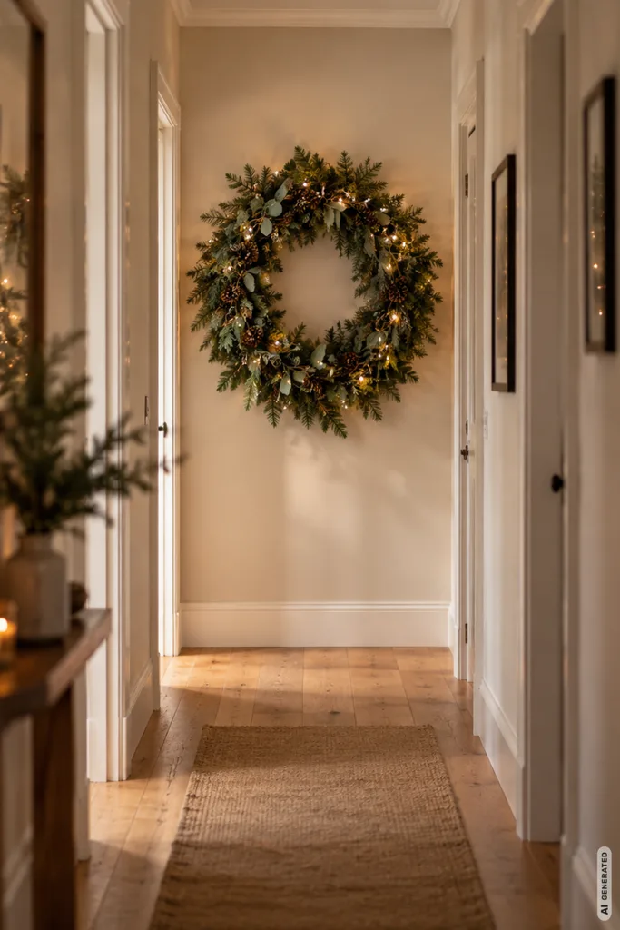 Weihnachtsdeko für schmale Flure: 5 Ideen, die kaum Platz brauchen Schmaler heller Flur mit großem Weihnachtskranz aus Tannengrün, Zapfen und warmweißen Lichtern an der Stirnwand.