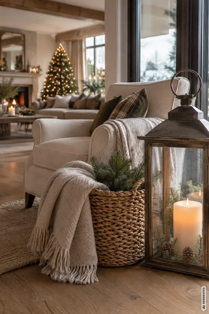 Weihnachtsdeko für große Wohnzimmer: 5 Ideen, die weite Räume gemütlich machen Große Laterne mit Kerze neben einem hellen Sessel und einem Korb mit Wolldecke und Tannengrün.