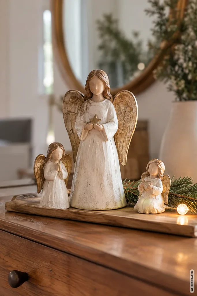 Drei cremefarbene Weihnachtsengel mit goldenen Flügeln auf einer Holzplatte mit Tannengrün und warmem Licht.