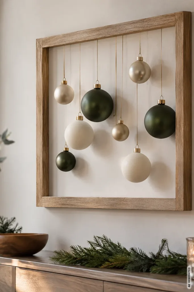 Weihnachtskugeln mal anders: Cremefarbene und grüne Kugeln hängen in einem Holzrahmen als moderne Weihnachtsdeko.