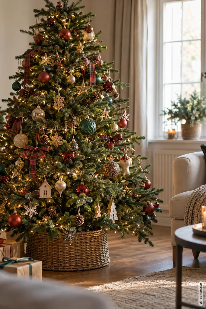 Weihnachtsdeko fürs Wohnzimmer mit geschmücktem Weihnachtsbaum, warmen Lichtern und gemütlicher Sitzecke.