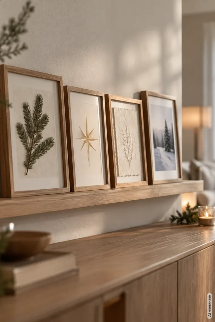 Vier Holzrahmen mit winterlichen Motiven auf einer Bilderleiste über einem Sideboard.