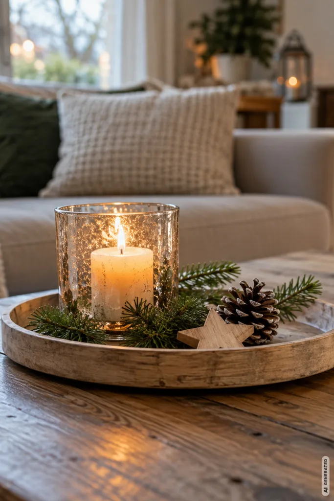 Weihnachtsdeko für den Couchtisch mit Holztablett, Kerze, Tannengrün, Zapfen und Holzstern im Wohnzimmer.