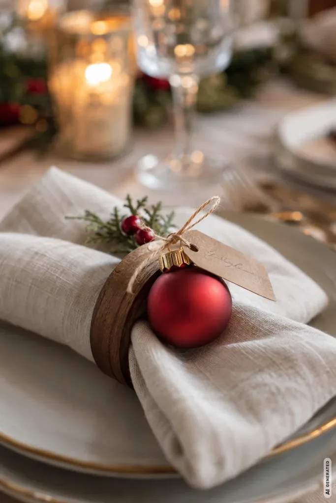 Rote Weihnachtskugel mit Namensschild und Leinenserviette als festliche Tischdekoration.