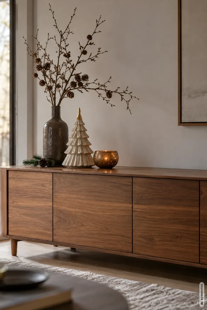 Modernes Holzsideboard mit Zweigen in einer Vase, weißem Keramikbaum und Kerzenlicht als Weihnachtsdeko.